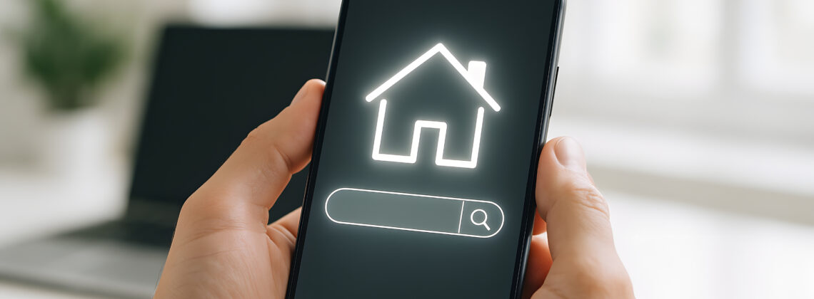 Hände halten ein Smartphone, auf dessen Display ein weißes Haus-Symbol mit Suchleiste zu sehen ist. Im Hintergrund stehen unscharf ein Laptop und eine Pflanze.