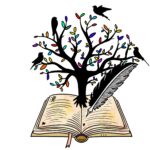 Geöffnetes Buch, woraus ein Baum mit Vögeln und einer Feder rauskommt.