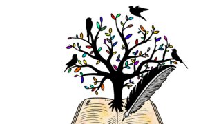 Geöffnetes Buch, woraus ein Baum mit Vögeln und einer Feder rauskommt.