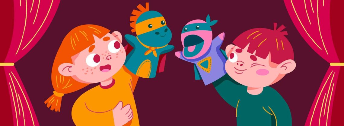 Comicbild von zwei Kindern, die mit Handpuppen in einem Theater speieln