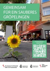Kampagnenplakat mit dem Schriftzug „Gemeinsam für ein sauberes Gröpelingen“ und einer Sonnenblume im Vordergrund.
