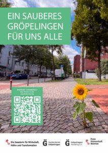 Kampagnenplakat mit dem Schriftzug „Ein sauberes Gröpelingen für uns alle“ und einer Sonnenblume im Straßenraum.