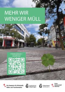 Kampagnenplakat mit dem Schriftzug „Mehr wir, weniger Müll“ vor einer Straße in Gröpelingen.
