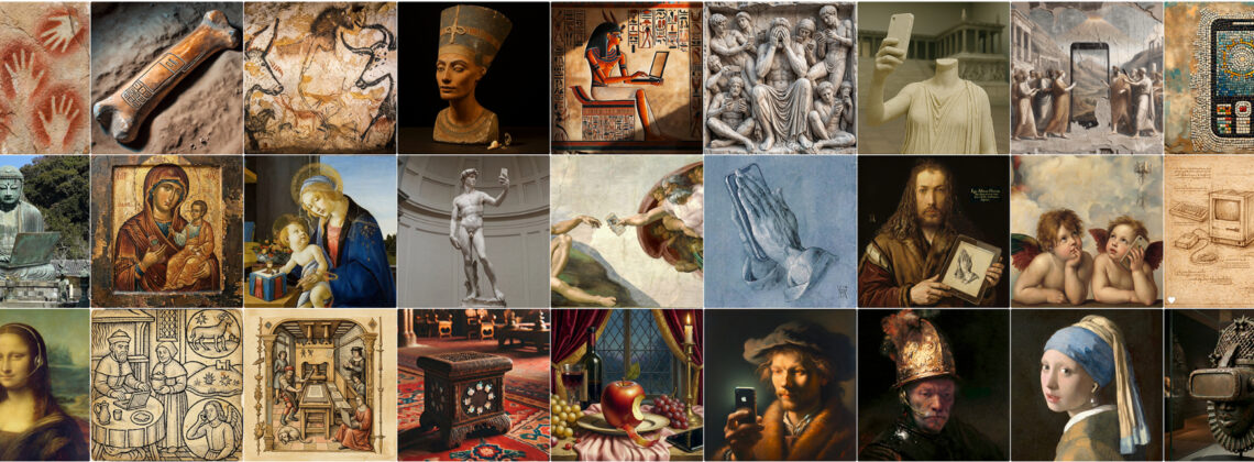 Collage aus historischen Kunstwerken und modernen Motiven, die den Wandel menschlicher Kommunikation und Technologie von der Steinzeit bis zur digitalen Gegenwart zeigen.