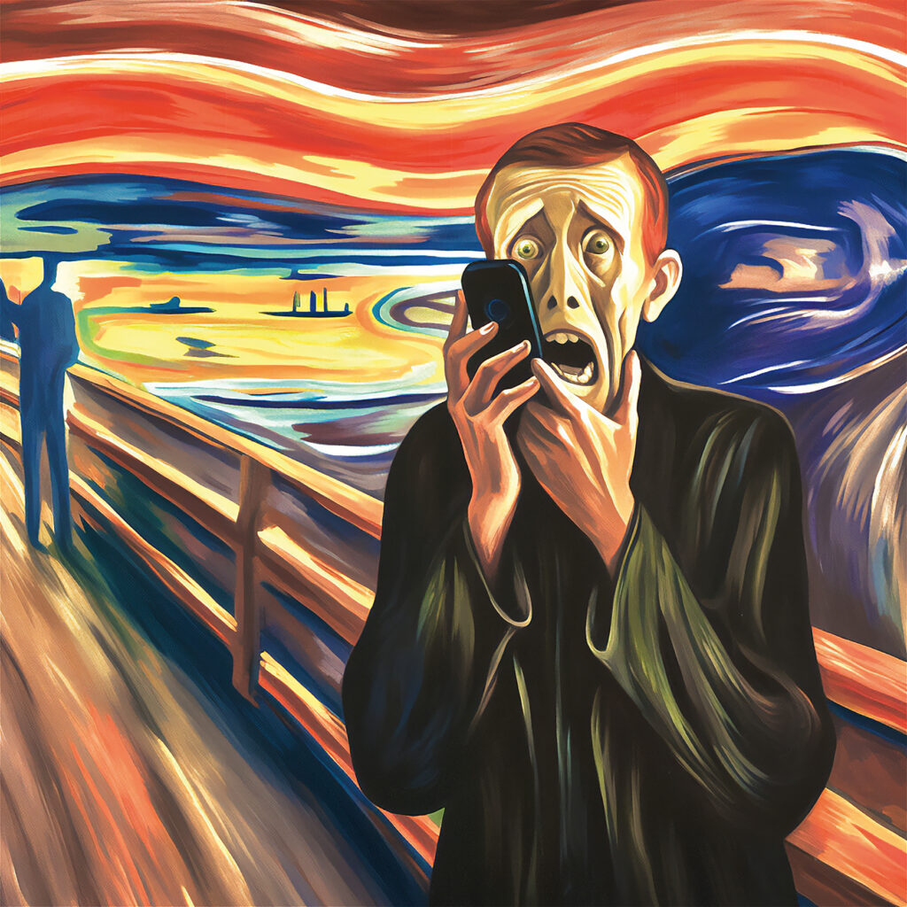 Expressionistische Illustration im Stil von Edvard Munchs „Der Schrei“: Ein Mann blickt entsetzt auf sein Smartphone, vor einem farbenprächtigen, wellenförmigen Himmel.