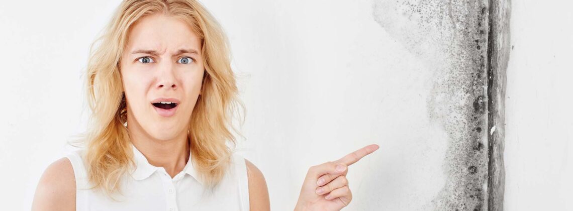 Erschrockene blonde Frau zeigt auf großflächige dunkle Schimmelflecken an einer weißen Wand.
